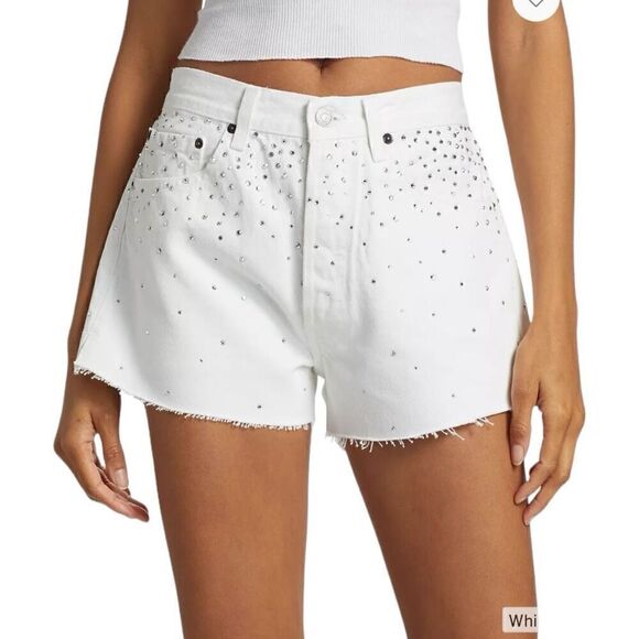 Re/done & Pam Crystal Mid-rise White Denim Shorts Size 32 (10-12) - Picture 1 of 14